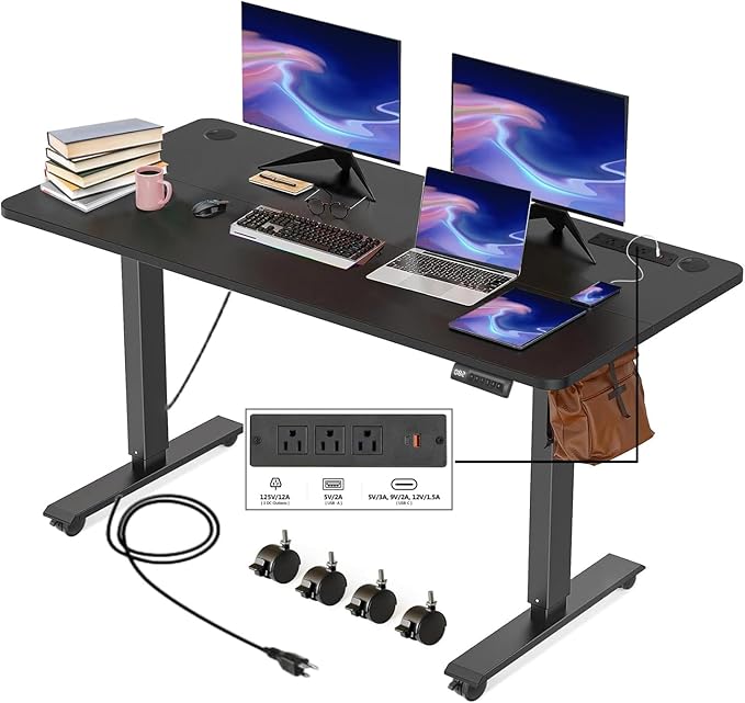 Electric Standing Desk 55 x 24 Inches Adjustable Height Sit Stand Up Desk for Home Office Computer Workstation with 2 USB Ports 3 AC Power Outlets Memory Preset and Wheels, Black