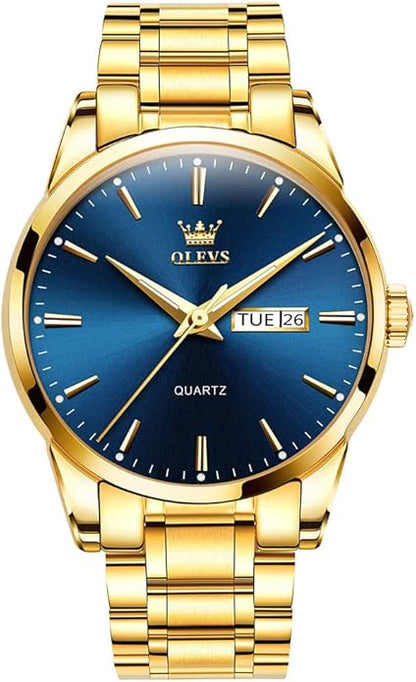 Men's Casual Stainless Steel Watch, Big Face Easy to Read Analog Quartz Watch with Day and Date, Classic Waterproof Diamond Roman Arabic Numerals Dial Dress Watch for Men, Gold Silver Black Band