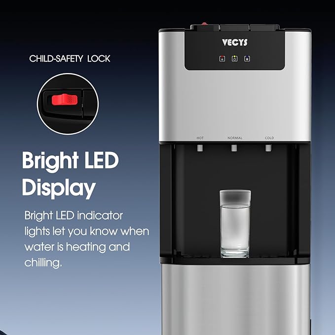 VECYS Bottom Loading 3 5 Gallon Self-Clean Water Dispenser, Hot Cold Room Temper Water Cooler with Child Safety Lock, 304 Stainless Steel Reservoirs and Water Intake Tube