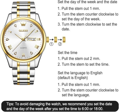 Men's Casual Stainless Steel Watch, Big Face Easy to Read Analog Quartz Watch with Day and Date, Classic Waterproof Diamond Roman Arabic Numerals Dial Dress Watch for Men, Gold Silver Black Band