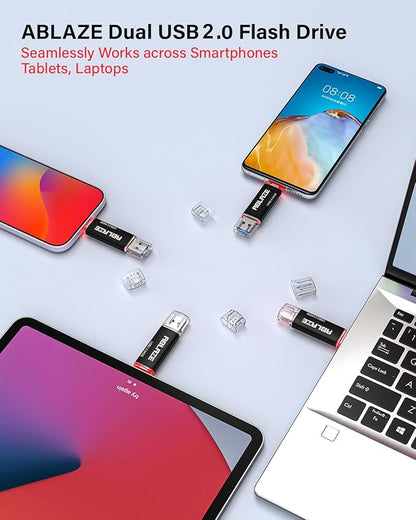 ABLAZE 64GB Type C Flash Drive 10 Pack, Dual USB 2.0+USB C Memory Stick Thumb Drive Compatible with iPhone 17/16/15, Android Smartphone, Computers,Tablets, Mac,iPad,PC