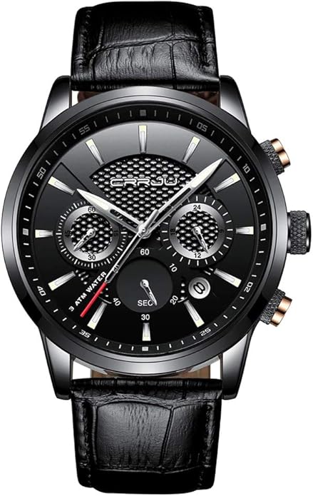 CRRJU Men's Business Casual Chronograph Quartz Waterproof Wristwatch Black Leather Strap