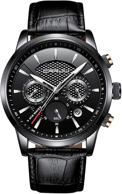 CRRJU Men's Business Casual Chronograph Quartz Waterproof Wristwatch Black Leather Strap