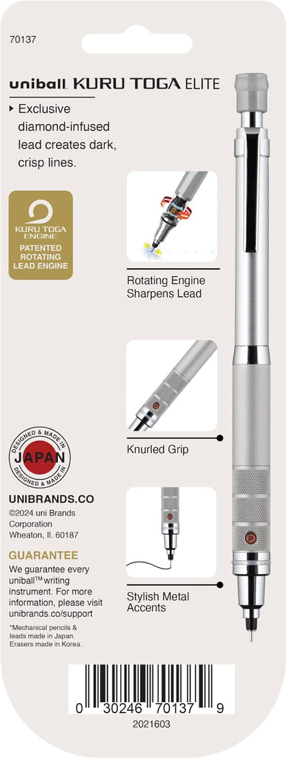 Uniball Kuru Toga Elite Mechanical Pencil Starter Kit with Silver Barrel and 0.5mm Tip; 60 Lead Refills; and 5 Pencil Eraser Refills; HB #2; Office Supplies; School Supplies; Drafting