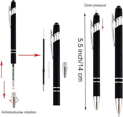 PASISIBICK 12-Piece Black Ballpoint Pen with Stylus Tip, 2 in 1 Stylish Metal Touch Screen Pen - Black Ink, 1.0 mm Medium Point - 5.5 x 0.4 inch / 14 x 1 cm