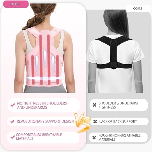 Posture Corrector for Women & Men, Adjustable Back Brace with Full Back & Shoulder Support, Spine Alignment for Upper Back Pain Relief, Scoliosis & Hunchback(Pink,Large)