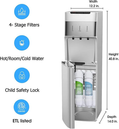 IKT Self Cleaning Bottleless Water Cooler Dispenser with Filters 4 Stage Filtration 3 Temperature Settings Perfect for Home Office Silver