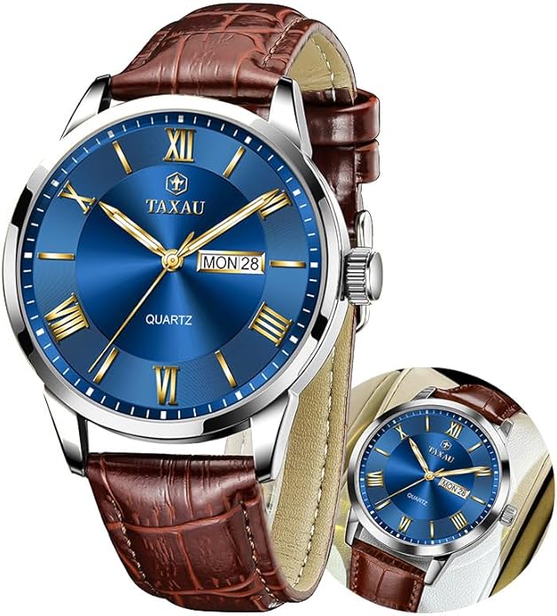 Men's Watch Big Face Easy Read Arabic Numeral Dress Watches for Men Classic Black Brown Leather Band Analog Mens Wrist Watch with Day and Date Fashion Business Waterproof Luminous Quartz Watch