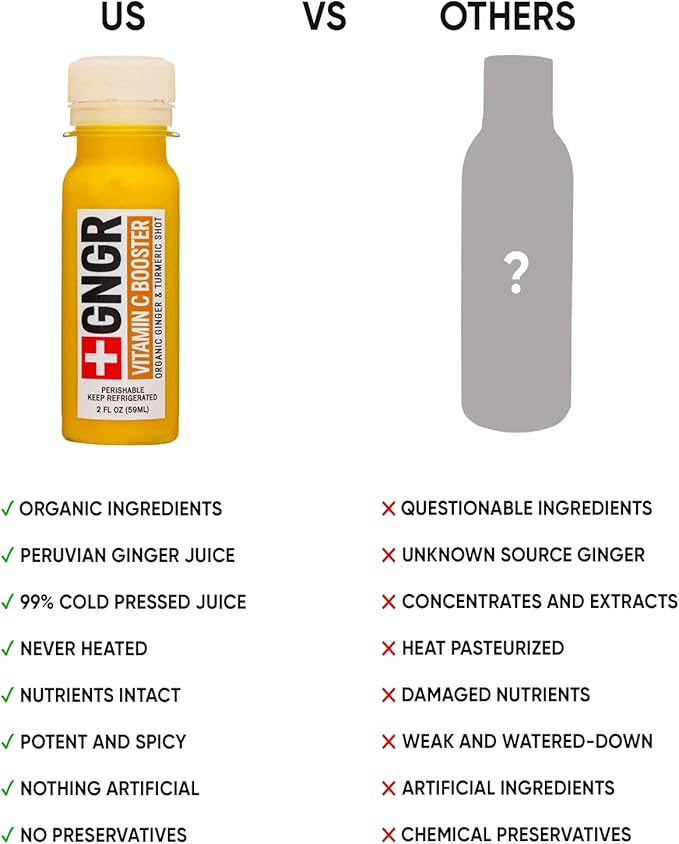 +GNGR Vitamin C Immunity Booster Cold-Pressed Ginger Shot with Turmeric, Cayenne, Acerola, Immunity Shot with Peruvian Ginger Juice for All Natural Immune & Digestive Support 2 fl oz (Pack of 12)