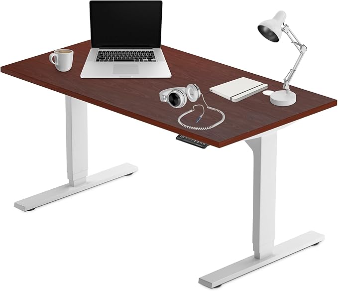 Progressive Desk Stand Up Height Adjustable Electric Standing Desk - 55" x 28" with Dual Motor, 3 Stages Sit Stand Table for Home Office - Roasted Walnut, White Frame
