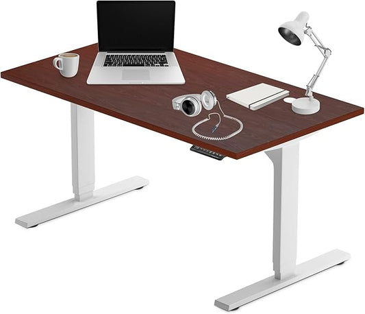 Progressive Desk Stand Up Height Adjustable Electric Standing Desk - 55" x 28" with Dual Motor, 3 Stages Sit Stand Table for Home Office - Roasted Walnut, White Frame