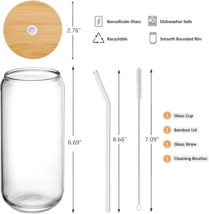 Glass Cups with Lids and Straws 1Pack,Glass Coffee Cups with Lid, Smoothie Cup,Beer Glasses,Cocktail Glasses for Whiskey,Soda-20 Oz Glass Tumbler with Straw,1 Brush