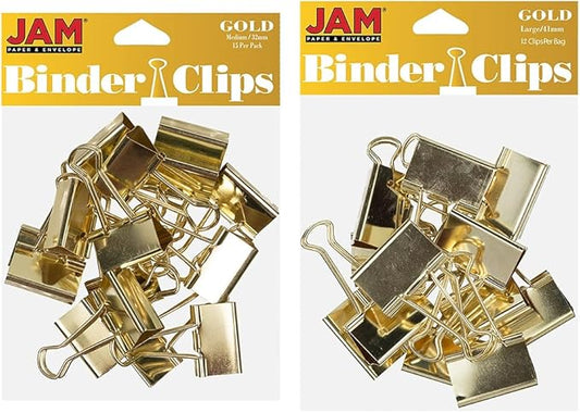 JAM PAPER Colorful Binder Clips Assortment - Medium & Large Size - Gold Binderclips - 27 Clips/Pack