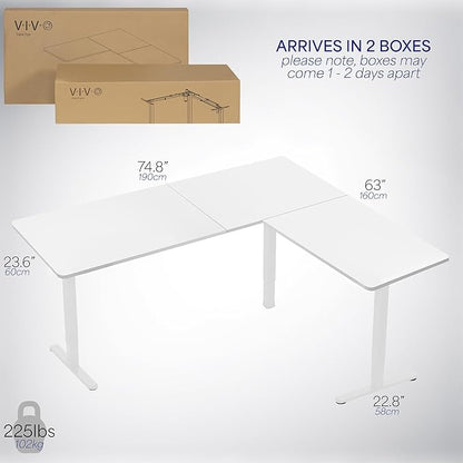 VIVO Electric Corner 75 x 63 inch L-Shaped Standing Desk, Memory Height Adjustment, White Top White Frame, DESK-E3CTW-75