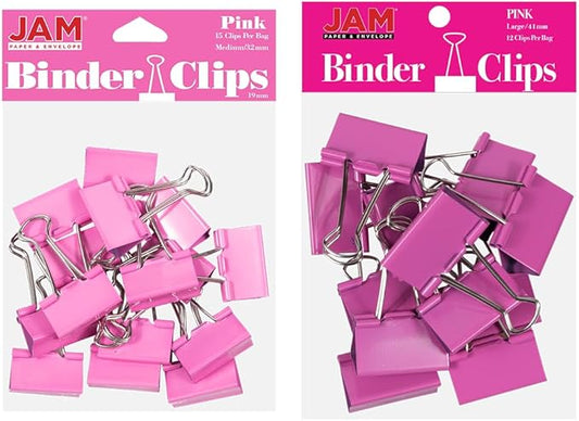 JAM PAPER Colorful Binder Clips Assortment - Medium & Large Size - Pink Binderclips - 27 Clips/Pack