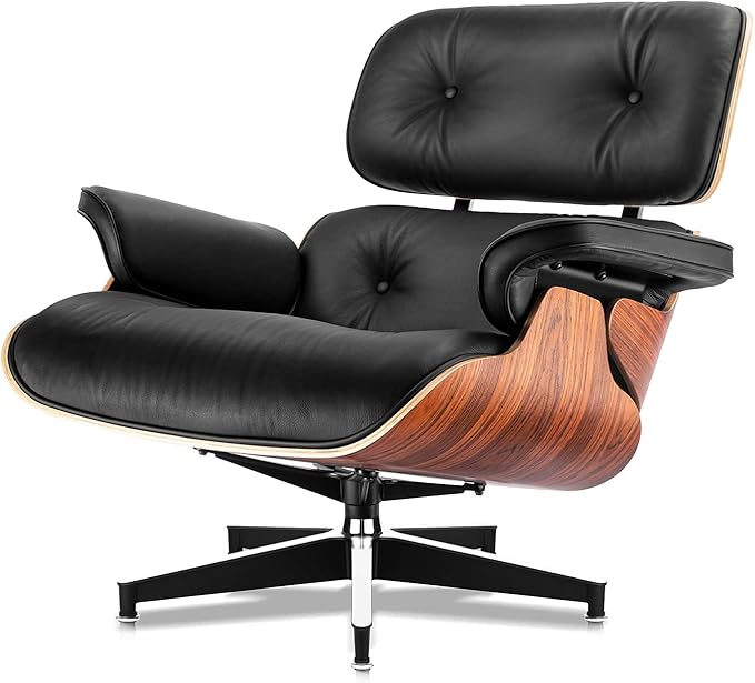 Top Black Grain Leather, Mid Century Chaise Lounge Chair and Ottoman, Modern Chair Classic Design, Palisander Wood, Heavy Duty Base Support for Living Room Office Study