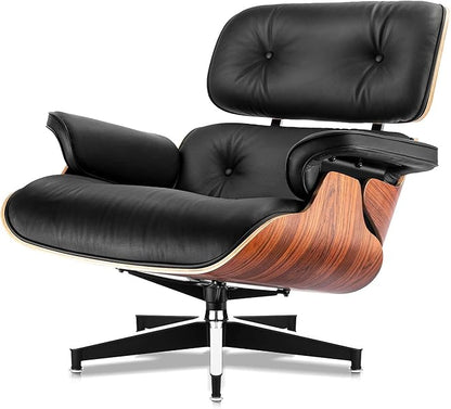 Top Black Grain Leather, Mid Century Chaise Lounge Chair and Ottoman, Modern Chair Classic Design, Palisander Wood, Heavy Duty Base Support for Living Room Office Study