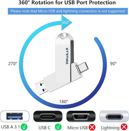 Thkailar USB 3.1 C Memory Stick 256GB,2 in 1 USB A to Type C Thumb Drive,Read Up to 150MB/s Memory Stick Dual Ports,Flash Drive for Android Phone,Computer,MacBook Pro,Tablet,Laptop
