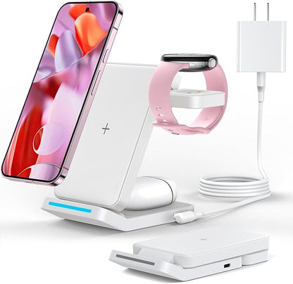 Upgraded Foldable 3 in 1 Wireless Charger for Pixel Watch 3/2 (Not for Pixel Watch 4/1), Fast Charger Stand for Pixel 10 Pro XL/9 Pro XL/9/8/7 Pro/8a/6 Pro & Buds, Charging Station with Adapter, White