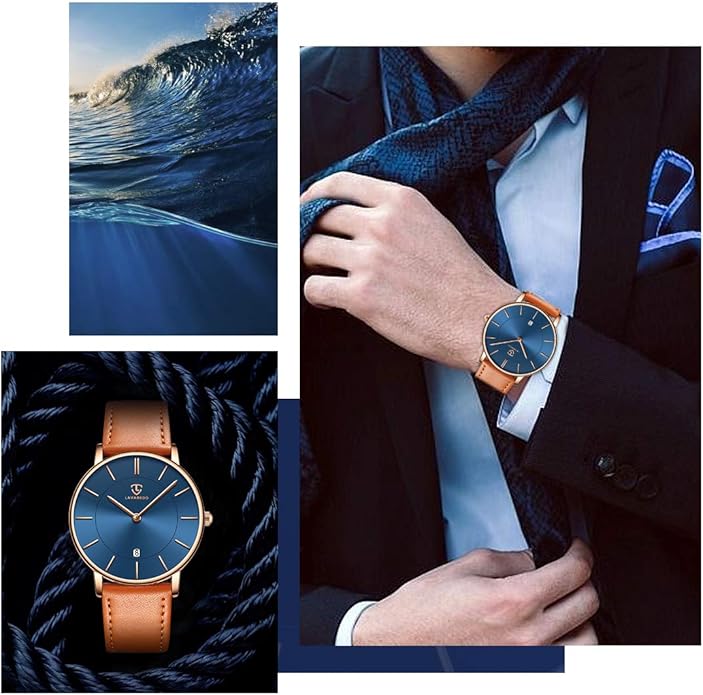 L LAVAREDO Watch for Men, Extremely Thin Mens Watches Minimalist Analog Men's Leather Wrist Watches with Time/Date, Birthday Gift for Men Boyfriend