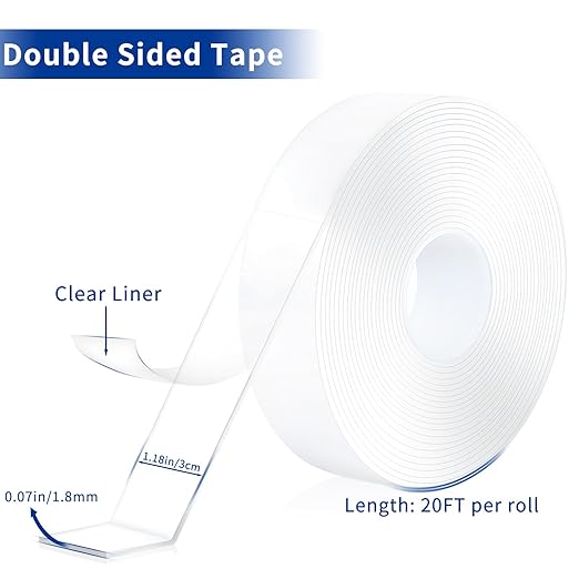 Double Sided Tape Heavy Duty 2 Rolls Removable Nano Tape for Poster Carpet Picture Hanging Strip Rug Strong Adhesive Multipurpose Clear Mounting Two Stick Sided DIY Tape (40FT)