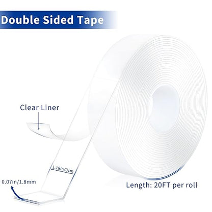 Double Sided Tape Heavy Duty 2 Rolls Removable Nano Tape for Poster Carpet Picture Hanging Strip Rug Strong Adhesive Multipurpose Clear Mounting Two Stick Sided DIY Tape (40FT)