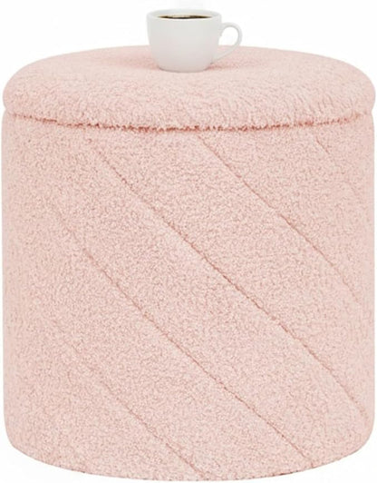 B FSOBEIIALEO Ottoman with Stroage, Boucle Round Storage Ottoman with Tray,Foot Rest Stool for Dorm Room, Living Room Pink, 12.99"x12.99"x13.78"