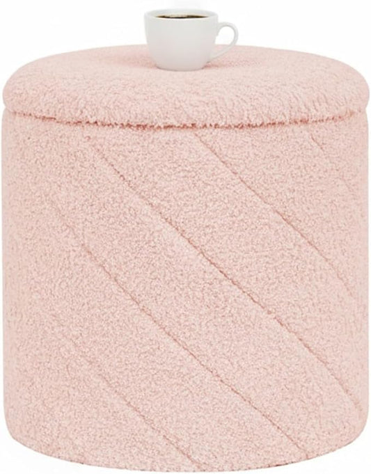 B FSOBEIIALEO Ottoman with Stroage, Boucle Round Storage Ottoman with Tray,Foot Rest Stool for Dorm Room, Living Room Pink, 12.99"x12.99"x13.78"