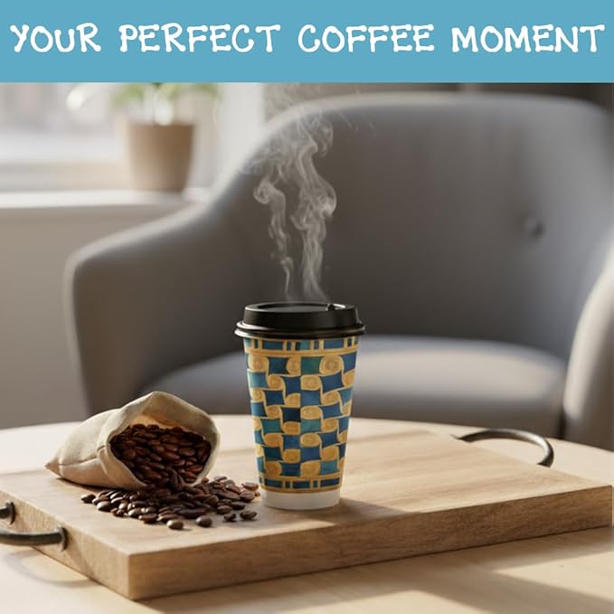 To Go Paper Coffee Cups With Lids, 12 oz, 150 ct, Disposable Insulated Paper Cups for On-The-Go Hot or Cold Beverages,Multi use, Work, Home, Party, Holiday, stylish look