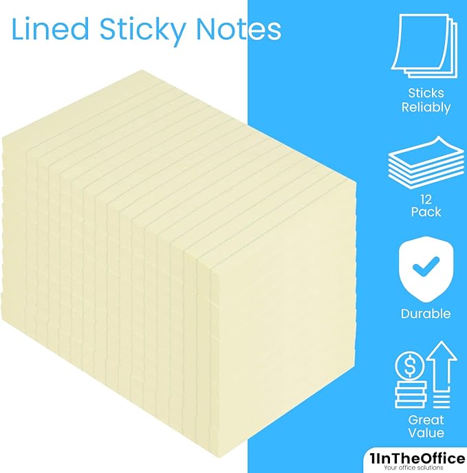1IntheOffice Lined Sticky Notes 4x6, Post It Notes Lined, Lined Note Pads, Self-Stick, 100 Sheets/Pack, Yellow, 12 Pack