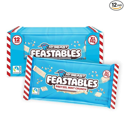 Feastables MrBeast Pretzel Mint Fudge Crunch Bar, Extra Large Size Candy Bar for Adults & Kids, Candy Bars for Snacks, Gifts, or Dessert, Made With Fairtrade Cocoa, 3.35 Oz Each, 12 Count