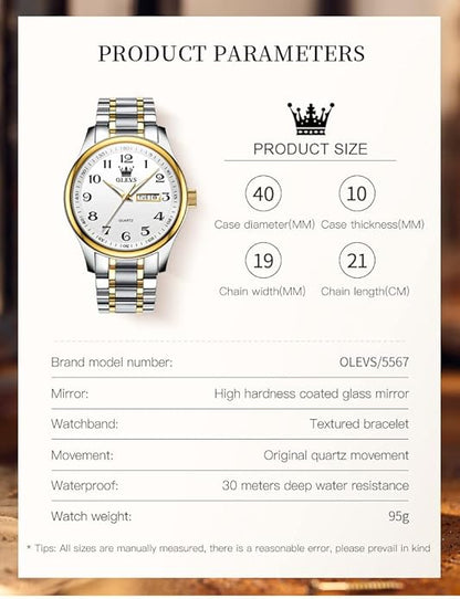 OLEVS Mens Watch Stainless Steel Analog Quartz Watches for Men Day Date Easy Read Diamond Waterproof Dress Luxury Classic Casual Big Face Blue/Black/Gold/Silver Roman Arabic Numerals Men's Wrist Watch