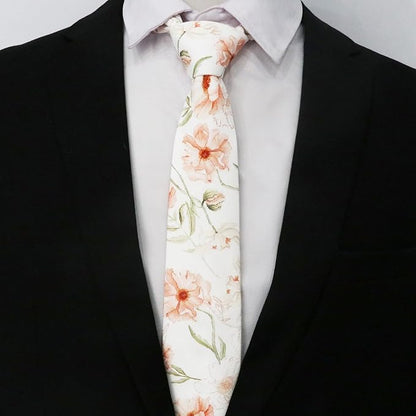 Cotton Floral Ties for Men 2.76" Men's Skinny Tie Linen Flower Printed Neck Tie for Wedding Dating Party