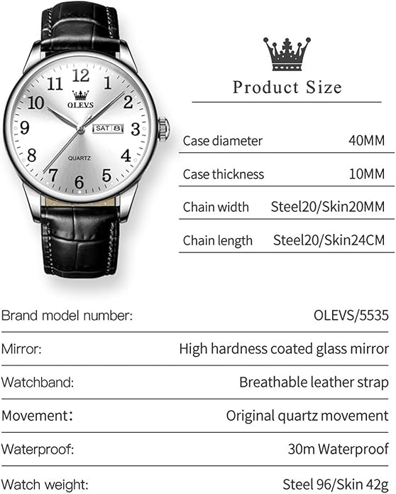 OLEVS Mens Watches Vintage Leather Band Dress Classic Easy Reader Arabic Numerals Analog Quartz Waterproof Date and Day Blue/Black/White Large Face Men's Wrist Watches