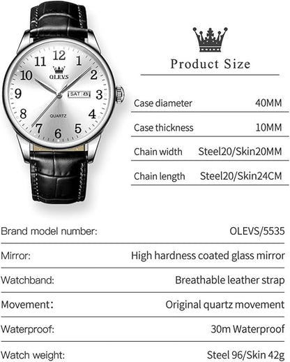 OLEVS Mens Watches Vintage Leather Band Dress Classic Easy Reader Arabic Numerals Analog Quartz Waterproof Date and Day Blue/Black/White Large Face Men's Wrist Watches