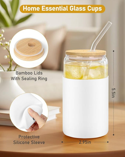 sungwoo Glass Cups with Lids and Straws, 4 Pack 16OZ Iced Coffee Cups with Silicone Sleeve, Glass Tumbler with Straw and Bamboo Lid, Home Essential Drinking Set for Juice, Cocktail and Latte White