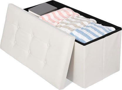 SUPER DEAL Folding Storage Ottoman Bench, Waterproof Faux Leather Ottoman Padded Seat Footrest Bench for Living Room, Bedroom, Entryway, Small Spaces, 15 x 30 x 15 inches, Creamy White