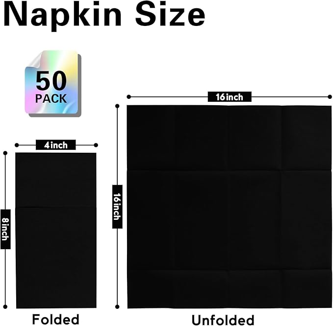 Black Napkins Hand Towels Disposable, Linen-Feel Dinner Napkins with Prefolded Built-in Flatware Pocket, Guest Paper Hand Towels For Wedding, Dinner Or Party (16x16in, 50Pack）