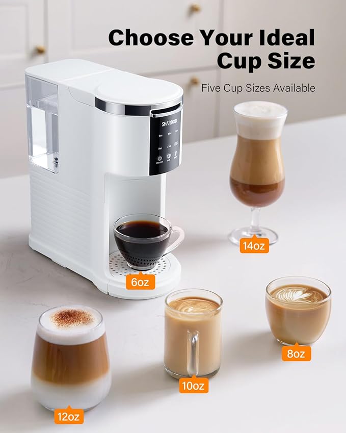 SHARDOR K Cup Coffee Maker, 3 in 1 Single Serve Coffee Maker for K Cup Pods & Ground Coffee & Teas, 6 to 14oz Brew Sizes, 40oz Detachable Water Reservoir, Compact Design, White