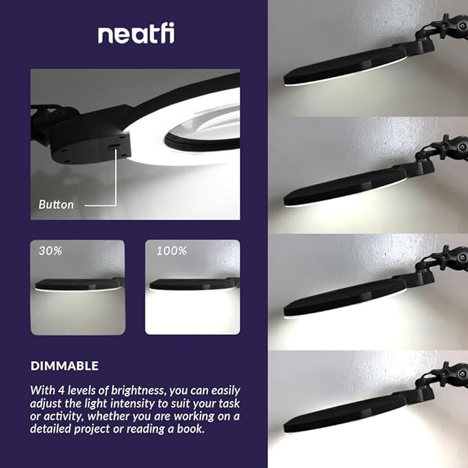 Neatfi XL Bifocal LED Magnifying Lamp – 7” Acrylic Lens, 5D/20D Magnification, 1,600 Lumens, Dimmable with 3 Light Modes, Adjustable Arm & Clamp, Lamp for Reading, Crafting (Black, CCT with Clamp)