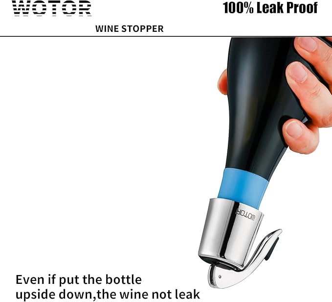 WOTOR Stainless Steel Wine Bottle Stoppers with Silicone - Reusable Wine Saver and Decorative Bottle Sealer, Leakproof, Keep Fresh, Silver, 2 Pack
