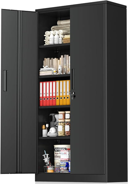 Greenvelly Metal Storage Cabinet with Lock, 72” Black Garage Storage Cabinet with Doors and Shelves, Tall Lockable File &Tool Cabinet for Home Office, Metal Classroom Cabinet Basement