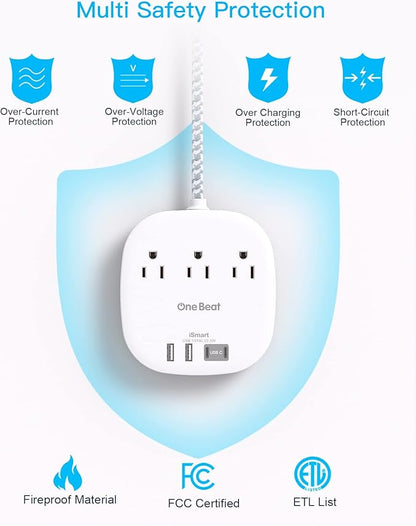 10Ft Flat Plug Power Strip, Ultra Thin Extension Cord - 3 Outlets 4 USB Ports (2 USB C) Desktop Charging Station, Cruise Ship Power Strip with No Surge Protection for Travel, Dorm Room Essentials
