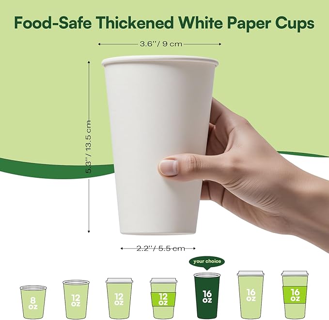 16 oz Coffee Cups Disposable White Paper Cups,180 Pack BPA Free Unbleached Disposable Cups, 300GSM Thickened Hot Cups, Leak Proof Drink Water Cups for Everyday Use Office Party Cafe Supply Essentials