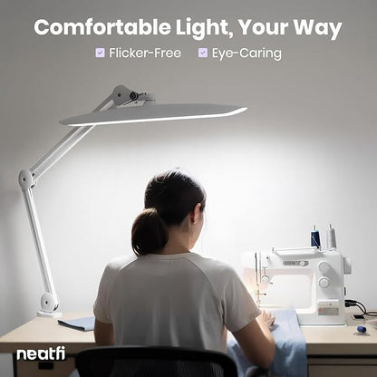 Neatfi XL LED Desk Lamp with Clamp, 2200 Lumens, 20W, 20-Inch Wide Head, Dimmable 4 Brightness Levels, 3 Color Modes 3000K–6000K, Task Light for Home Office, Crafts, Workbench (CCT, White)