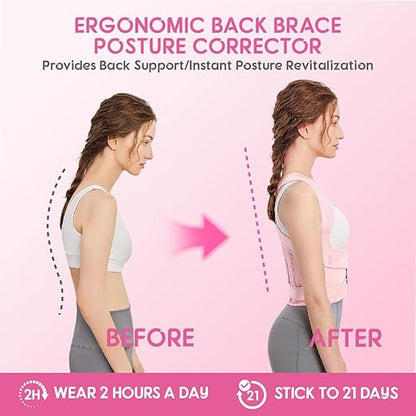 Posture Corrector for Women & Men, Adjustable Back Brace with Full Back & Shoulder Support, Spine Alignment for Upper Back Pain Relief, Scoliosis & Hunchback(Pink,Large)