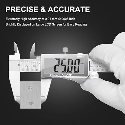 Preciva Digital Caliper, Electronic Stainless Steel Caliper Measuring Tool, Micrometer Calipers with Large LCD Screen, Switch from Inch Metric Fraction, Auto-Off Feature (6INCH/150MM)