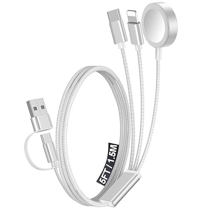 1Pack Multi Charging Cable Cord for Travel Essentials,Apple Watch Charger,iPhone Charger,[3-in-2] Type C/Lightning Cable Portable Designed for iWatch,iPhone 17-8,Galaxy S25-21,AirPods,iPad-1.5M White