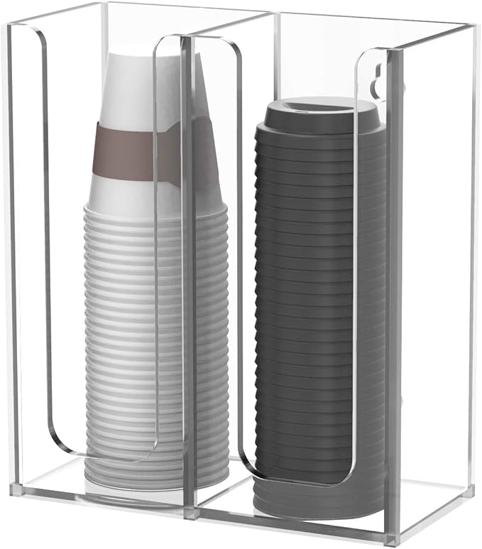 Richboom Acrylic Coffee Cup and Lid Storage Organizer Holder, 2 Compartments, Clear