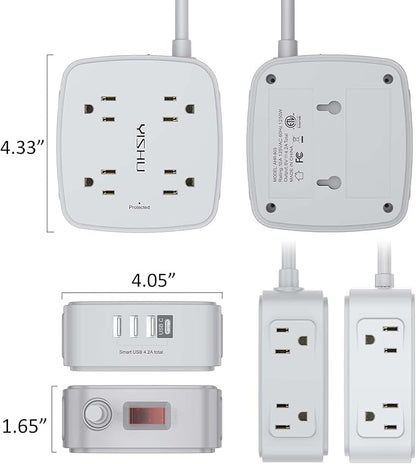 10 Ft Surge Protector Power Strip - 8 Widely Outlets with 4 USB Ports, 3 Side Outlet Extender with 10 Feet Extension Cord, Flat Plug, Wall Mount, Desk USB Charging Station, ETL, Grey